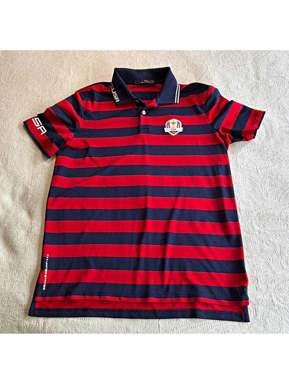 RLX Ralph Lauren Men's M Regular Striped Red/Navy SS Button Polo USA Patch